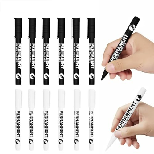 EDATOFLY 12 pennarelli acrilici bianchi e neri, pennarelli permanenti, resistenti all'acqua, punta rotonda 1-2 mm, ad asciugatura rapida, penna acrilica per pittura, scrittura (6 bianco + 6 nero)