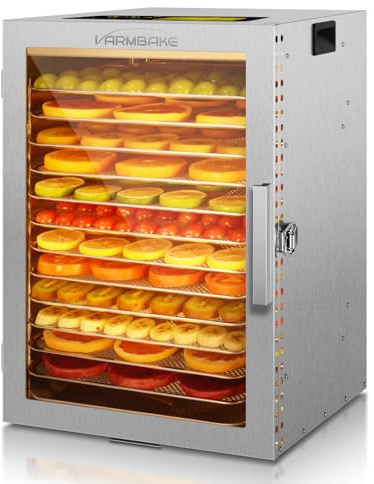 VarmBake Dörrautomat Edelstahl 12 Etagen, 1.1㎡ Dörrfläche, 30-90℃ Obsttrockner Dörrautomat Groß, 800W Lebensmittel Dörrgerät Für Kräuter Fleisch Dörrautomaten, & 316 Tabletts(29X29 cm)