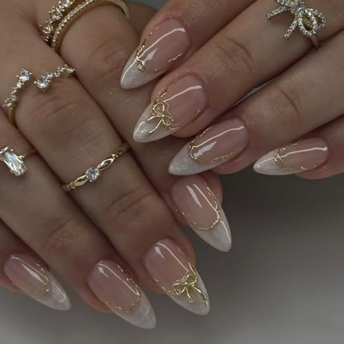 French Tip Nails - 24pcs Medium Almond False Nails - 12 Sizes Gradient Fake Nails with Glue - Stick on nails with Gold Bow Patterns - Glossy Full Cover Nail for Women Girls Valentines Day Gift