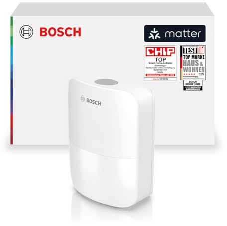 Bosch Smart Home rörelsesensor II [+M], rörelsesensor utomhus och inomhus, EN klass 2-certifierad, orienteringsbelysning, smådjursfilter, övervakningsområde upp till 13 m, Matter-kompatibel