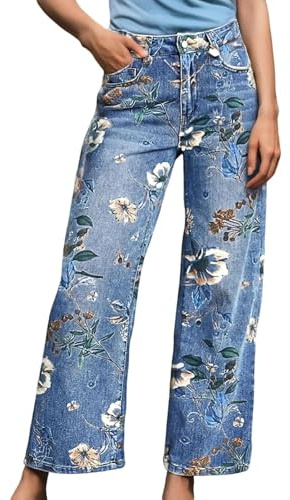 Pantalones Vaqueros Rectos de Cintura Alta para Mujer con Estampado Floral cómodos y versátiles para Uso Diario Oficina y Vacaciones