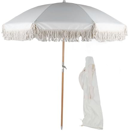 CAFIEDR Parasol de Plage d'extérieur avec Franges et Crochets de Suspension, mât inclinable en Aluminium, 8 Baleines en Fibre de Verre, 213 x 183 cm