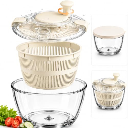 LYTYCJD Large 5.2 Qt Glass Salad Spinner with Storage Lid Glass Bowl White | Microwave- and Dishwasher-Safe Glass Bowl, Transparent Lid , Crank Handle, Quick-Spin Salad Cleaner for Lettuce, Herbs Fruit