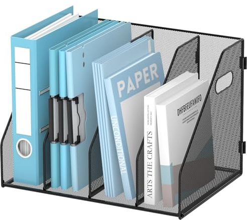 SUPEASY Binder organiser, Magazine File Holder with 4 Vertical Compartments Rack, Metal Desk File organiser & Binder Holders, Magazine organisers for Office Desktop, Home, School (Black)