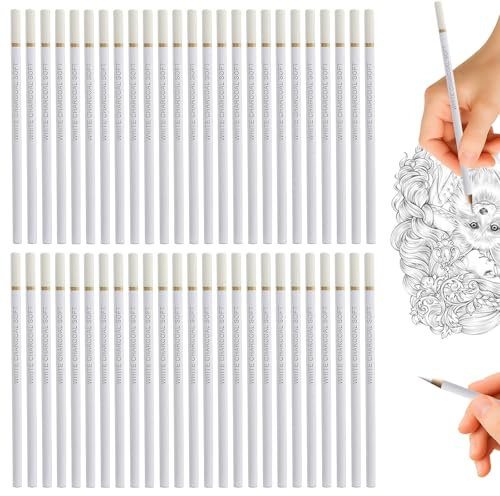 Meunhy 30 Pcs White Pencil Set, White Charcoal Pencils for Artists,Highlight Sketch Pencil with Poplar,3.3mm lead for Sketching Drawing Painting Detail Revise,Carbon Pen for Beginner Student