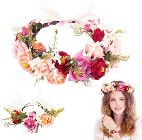 Blumenkranz Haare, Braut Haarschmuck Set, Blumenhaarreife Damen Blumen Haarkranz & Armband, Einstellbarer Blumenkrone Stirnband für Hochzeit Party Boho Fasching