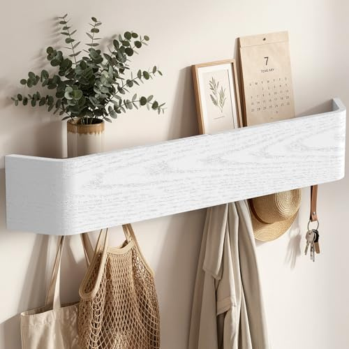 Soontrans Garderobenleiste, 57x10x7.5cm, Wandgarderobe mit Ablage, 6 Verdeckten Garderobenhaken, Kleiderhaken Wand, Hakenleiste Garderobe für Eingang, Flur, Wohnzimmer und Schlafzimmer(Weiß)