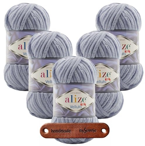ALIZE 5 x 100g Velluto 87 Coal Grey Premium Wolle Chenillegarn kuschelweich Amigurumi Plüschtiere Bulky Babywolle Filzwolle Samtwolle mit mySearose Label