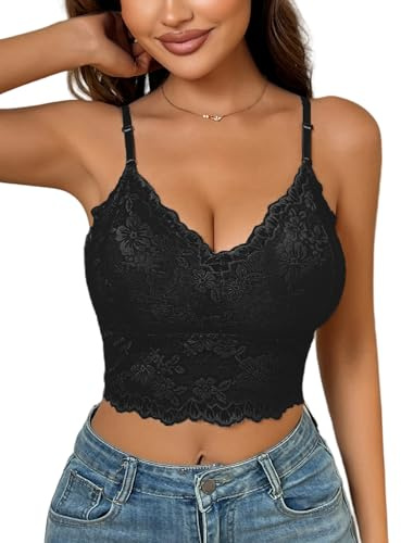 FEOYA Lace Bralette Women Straps Bra Push Up Camisole Vest Shirts Tank Tops L Black