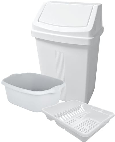 KetoPlastics White Kitchen Set - 50L Kitchen Bin 14L Rectangular Washing Up Bowl & Large Dish Drainer For Home Kitchen - Made in UK