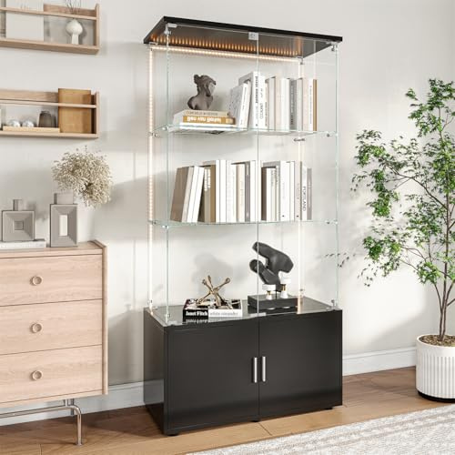 MISNODE glasvitrinskåp med LED-belysning, stående vitrinskåp, glas med 4 lager och 2 låsbara dörrar, vitrinskåp av trä och glas för samlarvitrinskåp, böcker och vin, svart (svart, B)