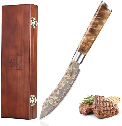 zayiko MysticMagma Steakmesser 13 cm, Damaststahl mit Kupfer-Bronze-Einlage | 67 Lagen mit VG10-Kern, DualCurve-Griff aus Ahornwurzelholz, glatte Klinge, 15° V-Schliff beidseitig, 60 ± 2 HRC, in Holzbox