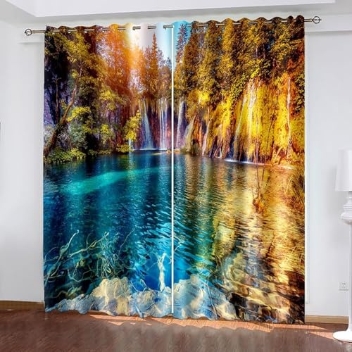 Wycian Gardine Querbehang Oben Vorhänge Blau Gelb 2 Er Polyester See, Fluss und Bäume H115 X B86Cm für Schlafzimmer