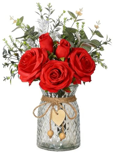 Floralsecret Faux Flowers with Vase Artificial Red Rose Flowers in Vase Fake Eucalyptus Plant Floral Arrangement for Table Centerpieces, Baby Shower, Home Kitchen Office Coffee Shop Decorations(Red)