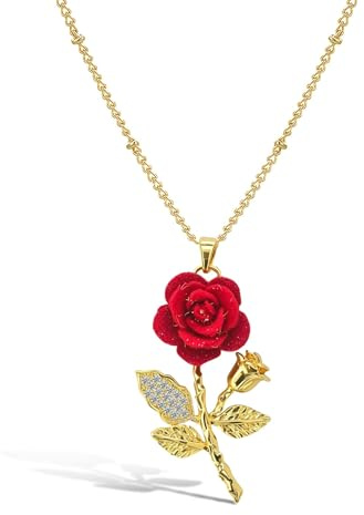 RIXERKOC Halsband med röda rosor för kvinnor dekorativa rosenblad, hänge, halsband med zirkon, estetisk guldkedja med 3D-blomhänge, alla hjärtans dag, presenter till fru, flickvän, One Size, Metall