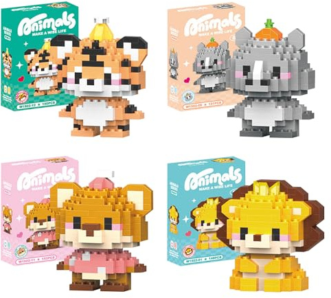 PCCMOT COS 4 Piezas Bloques de Construcción Animales | Mini Bloques de Construcción Animales - Leones, Tigres, Osos, Rinocerontes - Lindos Artículos de Decoración para el Hogar