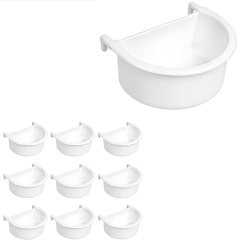 MFUOE 10 Pcs Bird Feeder for Cage White Plastic Bird Food Bowl D-shaped Bird Feeding Dish with Hook Hanging Cage Feeder Food Feeding Cups for Small Birds.