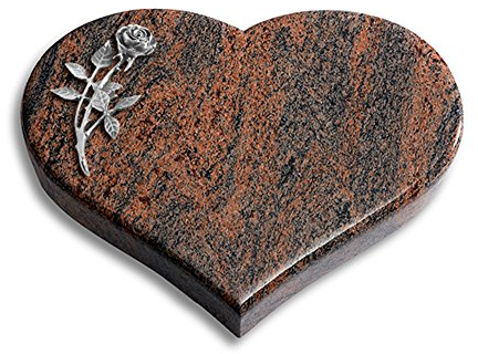Grabplatte, Grabstein, Grabherz, Urnengrabstein Modell Coeur 40 x 30 x 7 cm Twilight Red-Granit, poliert inkl. Gravur (Aluminium-Ornament Rose 6)