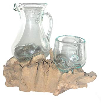 Set/Glas-Krug mit Glas-Tasse Henkeltasse individuell auf Wurzelholz spezielle Geschenkidee Unikat