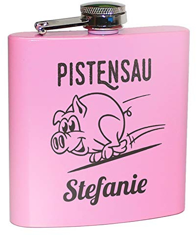 Pixelstudio Pistensau Flachmann Pink Rosa mit Namen persönlich Geschenk Skifahrer Skifahrerin Après Ski Scherzartikel lustig Spruch