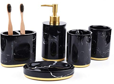 Yiyida Badezimmer Zubehör Badausstattung Sets 5-Teiliges aus Harz,Marmor Aussehen mit Seifenspender, Zahnputzbecher, Seifenschale,Zahnbürsten-Halter, luxuriöses Badezimmer-Set Weiß Schwarz