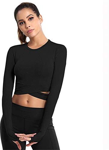 SotRong Maglia Sportiva da Donna a Maniche Lunghe Girocollo Crop Top Ad Asciugatura Rapida Sportiva T Shirts per Allenamento Palestra Yoga Nero S