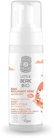 Natura Siberica Little Siberica Organic certified Baby Bath Foam for Newborns, 160 ml – Bio zertifizierter Badezusatz, sanfte Reinigung, empfindliche Babyhaut, mit Himbeer-Hydrolat