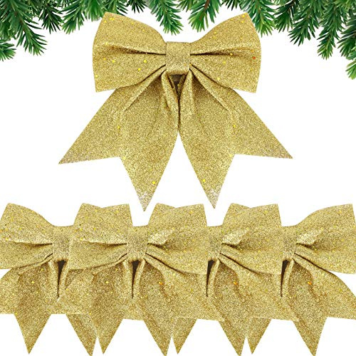 5PCS Noeud de Ruban de Noël 24cm Grande Taille Arcs de Noël Ruban Nœuds Papillons Ornements Decoration de Noël pour Arbres de Noël Emballages Cadeaux Sapin de Noël Guirlande Voiture Mariage (Doré)