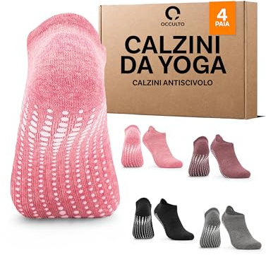 Occulto Damen & Herren Yoga Socken 2er Pack, 4er Pack (Modell: Mady) 4 Paare | Schwarz-Grau-Pink-Rot 39-42