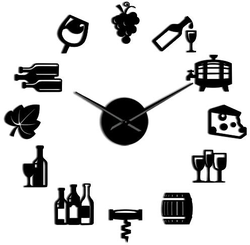 VCS Formaggio e vino Adesivi artistici per cucina moderna Fai da te Orologio da parete gigante grande Bevanda alcolica Pub Bar Segno Cork Screw Decorativo(nero,90CM)