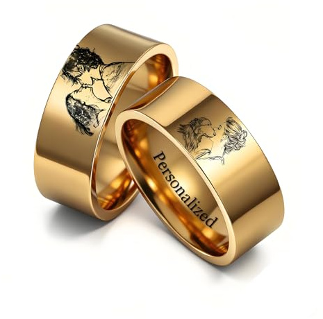 Ihanskio Personalizzato Anello per le Coppie Doppio Della Banda di Colore Del Modello Anelli All'interno Può Inciso Personalizzato di Nozze Promessa Anelli di Fidanzamento 6-13# (Oro-Foto, Custom)
