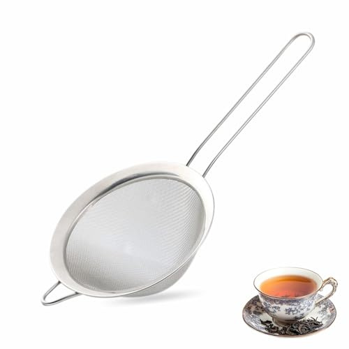 Tea Strainer Fine Mesh Stainless Steel with Comfortable Non Slip Hanging Handle Spoon Oil Sieve Filter Grease Kitchen Essentials Straining Cocktail Coffee Powder Sugar W8.5 x L24cm 1PC