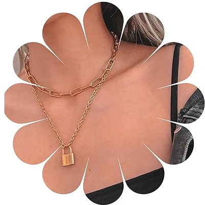 Yheakne Punk Layered Lock Choker Necklace Gold Padlock Pendant Necklace Chunky Paper Clip Chain Necklace Vintage Statement Necklace Chain Jewelry for Women and Girls Gifts for Her