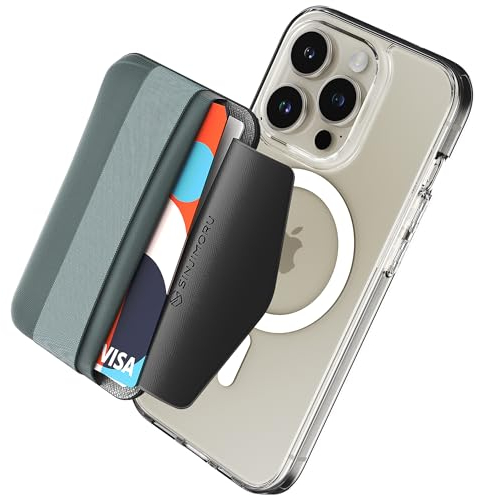 Sinjimoru Magnetischer Handy Kartenhalter mit elastischem Fingerhalter, Kartenetui mit weichem kompatibel mit MagSafe Wallet für iPhone 17, 16, 15, 14 & 13 Reihe. M-Band Blau Grau