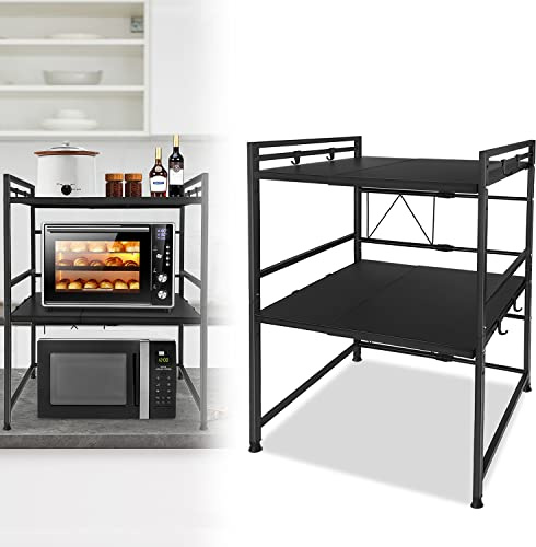 TRMLBE Mikrowellen Regal Erweiterbares 3-Stufiges Mikrowellenhalterung Mikrowellenregal Küchenregal Stehend Mikrowellenständer mit 8 Haken Kitchen Organizer für Küchenarbeitsplatten, Schwarz