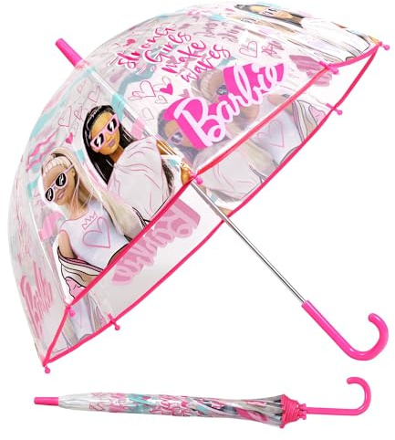 SRV Hub Barbie Kids PVC Umbrella, 74cm Transparent Dome/Bell Umbrella for Childrens, Windproof Stick Umbrella for Girls, Keep Young Athletes Dry and Happy 3-7 Years