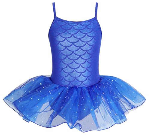 XiaoMoSha Dance Leotard for Girls 3-10T Tutu Skirted Leotard Dancewear Party Dress Outfit Sparkles Mermaid(SapphireBlue,150 9-10Y)