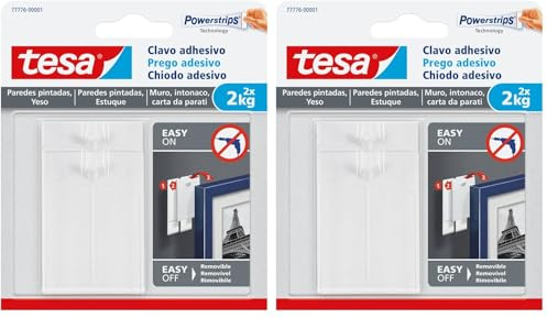 tesa Powerstrips, Clavo Adhesivo para Yeso y Papel Pintado, Gancho Reutilizable Doble Cara para Cuadros y Objetos Decorativos, Fijación de 2.0 kg, 2 Unidades, Blanco (Paquete de 2)