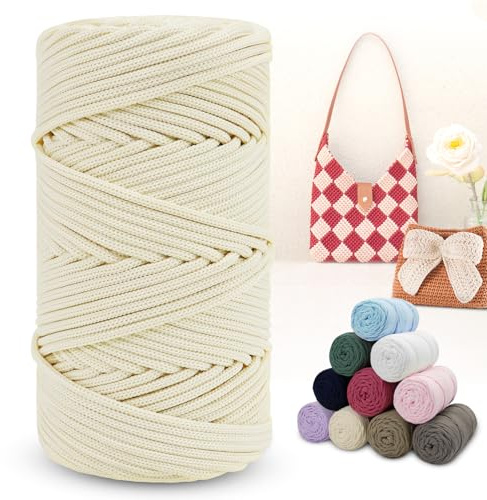 LEREATI Cordino per Borse Uncinetto, Corda Macrame 4mm x 150m Filo Macrame Corda in Poliestere, Fettuccia per Borse a Uncinetto Arazzo da Parete Maglieria Decorazioni Fai da Te (Bianco Crema)