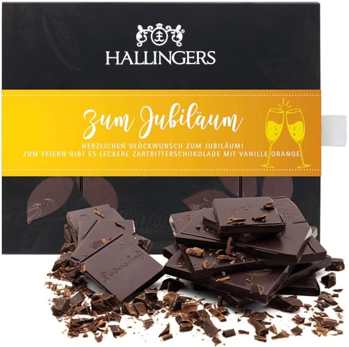 Hallingers Genuss Manufaktur Vegane Schokolade Glückwunsch-Geschenk - Tafel aus handgeschöpftem Edelkakao ohne Alkohol edler Karton Zum Jubiläum Vanille-Orange, Geschenkidee für Frauen Männer