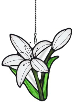 BOXCASA Lily Flower Gift for Women Stained Glass Suncatcher,Artificial Flowers Stained Glass Window Hangings,White Flower Gift for Mom,Window Suncatcher Indoor Decor for Livingroom Bedroom