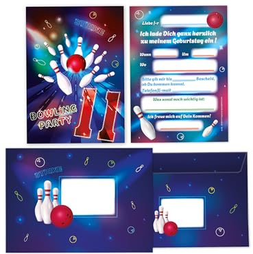 Limonia 12 Einladungskarten inkl. 12 Umschläge zum 11. Kindergeburtstag Motto-Party Bowling neon Einladung Set Geburtstag Mädchen Kinder Jungs Jungen Boys Teenies