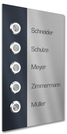 Graviers Design Mehrfamilienhaus Klingel mit LED Klingeltaster 5 Namen Gravur - V2A Edelstahl Türklingel 140x220 mm - Unterputz wählbar Aufputz für Haustür 5-fach