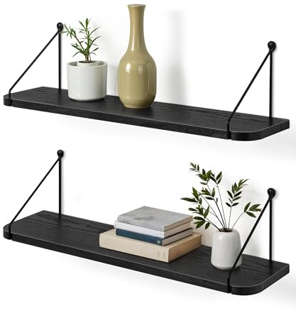 Afuly Vägghylla Svart Trä 60cm Metall Regal Svävande Hyllor Vägg Hängehylla Förvaringshylla för Väggar Kök Modern Dekor Badrum Barnrum Vardagsrum 2-delat Set
