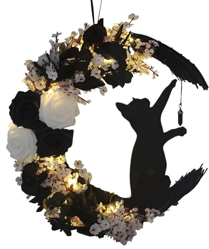 Pzuryhg Katzenkranz, Halloween-Kränze für Haustür, beleuchteter Mond, Blume, Katze, Wandtür, Halloween-Kranz, Versammlungsornament, Innen- und Außenbereich, saisonale Dekoration für den Außenbereich,
