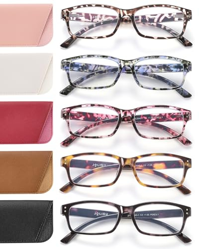 JOLISU Gafas de lectura para mujer y hombre - Pack de 5 gafas de lectura de moda para mujer con protección contra la luz azul y bisagra con resorte（1.25）