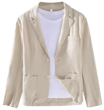 Blazer de lino y algodón para hombre, corte ajustado, color liso, ajuste holgado, chaqueta de traje, blazer blanco, primavera, verano, informal, negocios, XXL