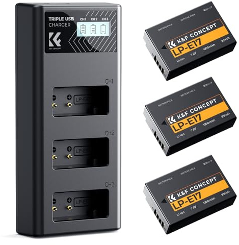 K&F CONCEPT 3-Pack LP-E17 Battery and Upgraded 3-Slot LCD Charger Compatible with Canon EOS R50 R100 RP R10 R8, Powershot V1, T8i T7i T6i T6s SL2 SL3 M3 M5 M6 200D 750D 760D 800D 8000D Camera
