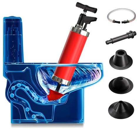 Qcesorib Rohrreinigungspumpe mit Manometer, Rohrreiniger Druckluft mit 4 Saugnäpfen, Rohrreinigungspumpe Toilette mit Verbindungsschlauch, für Waschbecken, Duschen und Küchen, Rosa