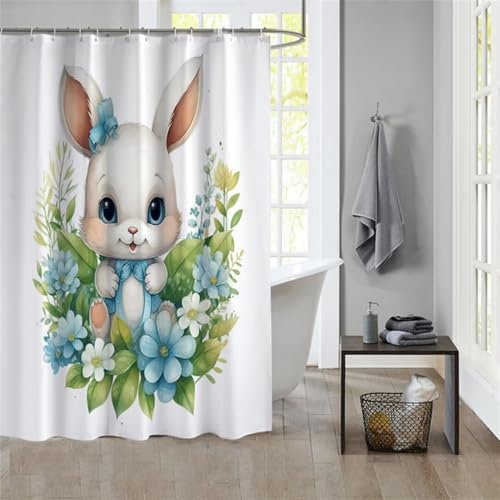 Duschvorhang Rabbit 150x180cm Beschwerter Saum Wasserdicht Duschvorhänge Waschbar Stoff Shower Curtains Mit Ösen Duschvorhangringe Faltbarer Bad Curtain Badewanne Badezimmer Vorhang Gardinen 1132